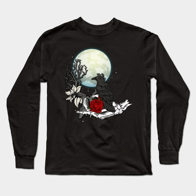 black raven in skeleton hand with a rose in front of a full moon Long Sleeve T-Shirt by LUNASTOR